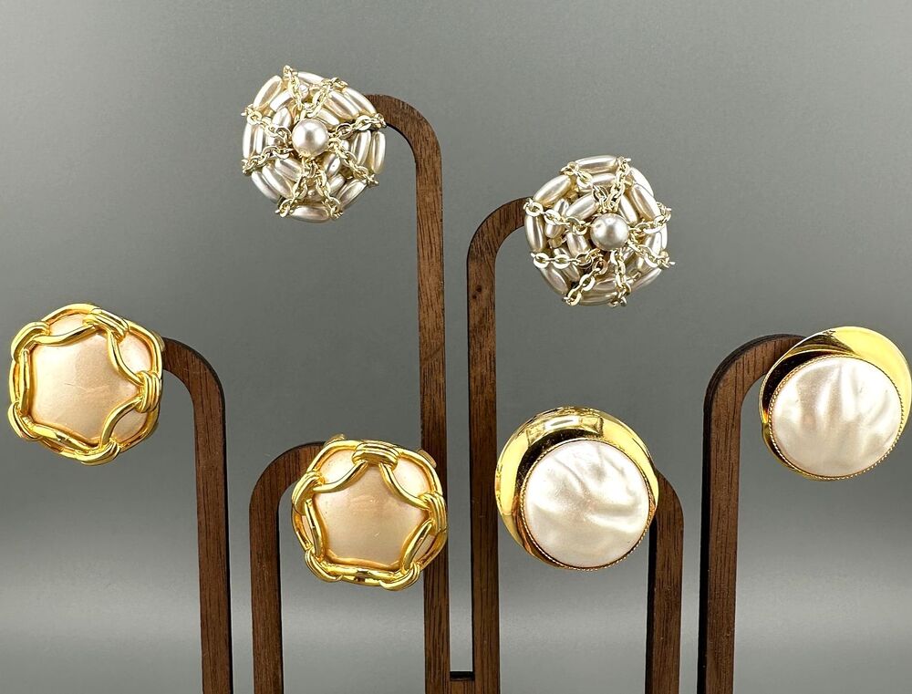 Vintage Faux Pearl Earrings Lot Round Chunky Statement Gold Tone Some Signed